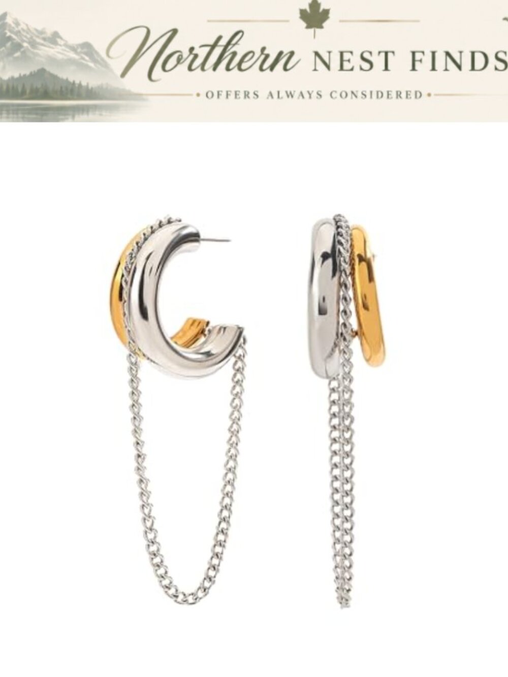 Two Tone Chain Tassel Hoop Earrings Women Dangling Metal